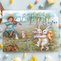 Whimsical Vintage Dancing Easter Bunnies Postcard