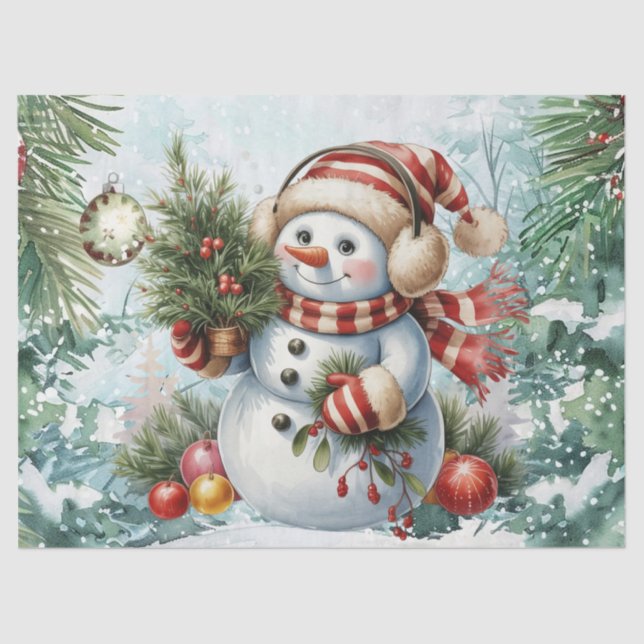 Whimsical Vintage Decoupage Christmas Snowman Tissue Paper (Front)
