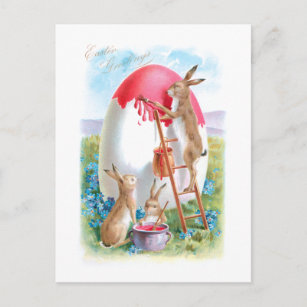 Whimsical Vintage Easter Bunnies and Giant Egg Postcard