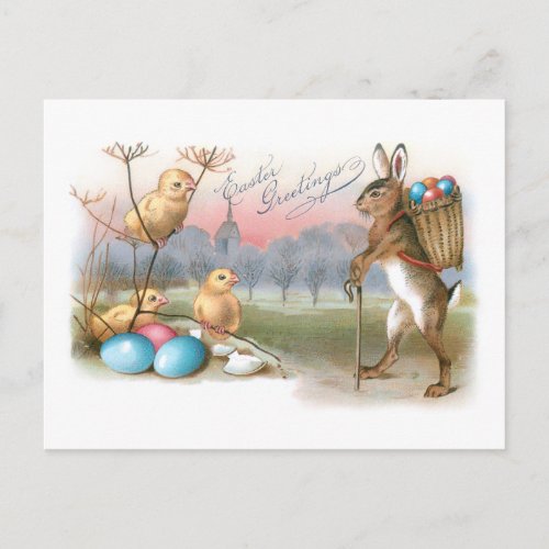 Whimsical Vintage Easter Bunny Chicks and Eggs Postcard