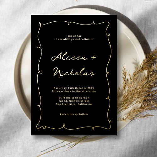Whimsical Vintage Elegant Black and Gold Wedding Foil Invitation