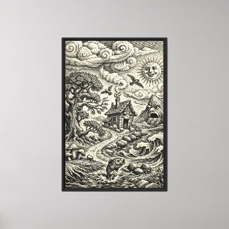 Whimsical Vintage Engraving World Canvas Print