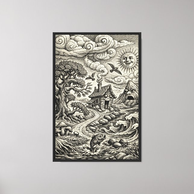 Whimsical Vintage Engraving World Canvas Print (Front)