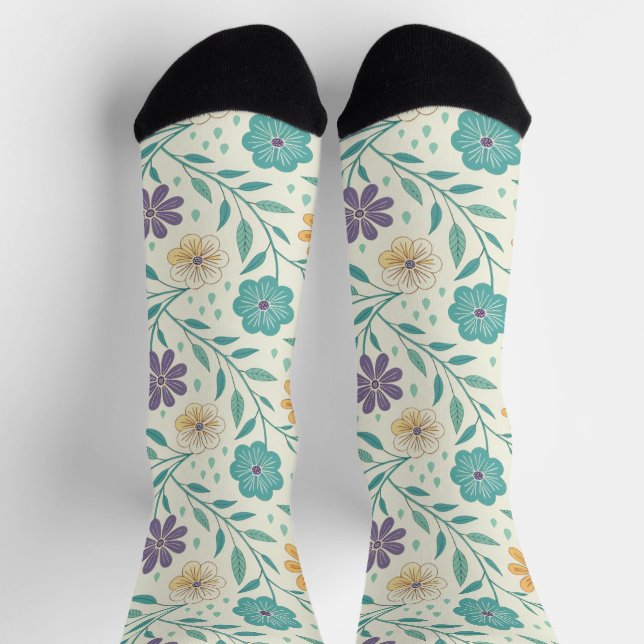 Whimsical Vintage Floral Cream Patterned  Socks (Top)