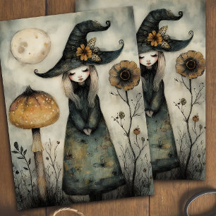 Whimsical Vintage Floral Witch Halloween Decoupage Tissue Paper