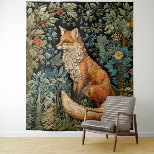 Whimsical Vintage Forest Fox William Morris Art Tapestry