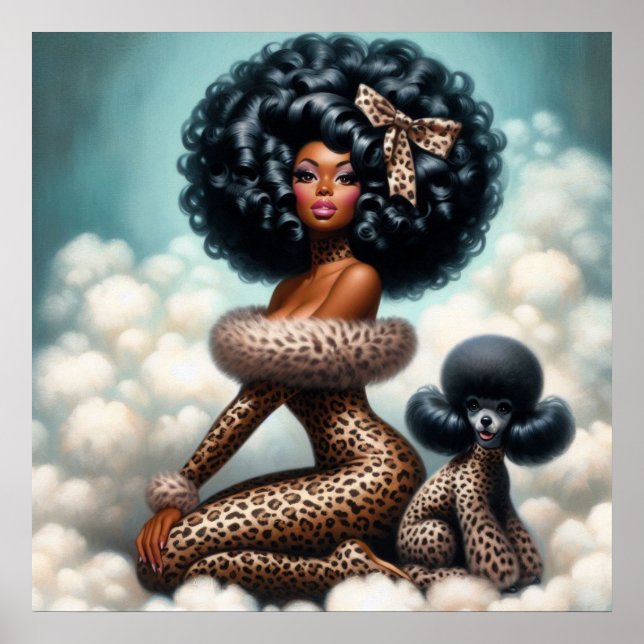 Whimsical Vintage Glamour: Afro Pin-Up Leopard  Poster (Front)