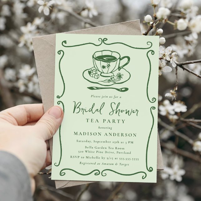Whimsical Vintage Green Bridal Shower Tea Party Invitation (Creator Uploaded)