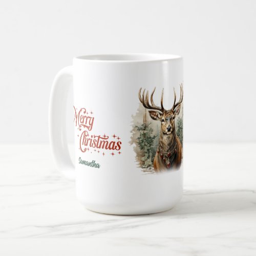 Whimsical vintage illustration reindeer moss green coffee mug