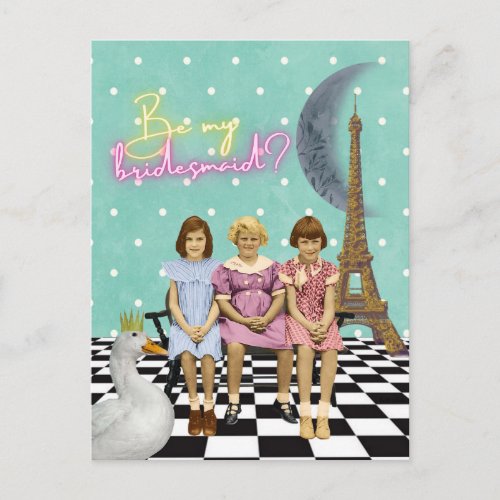 Whimsical Vintage Kids Bridesmaid Request Postcard