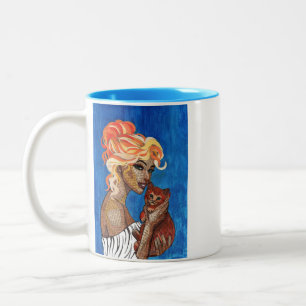 Whimsical Vintage Newspaper Collage Girl Cat Light Two-Tone Coffee Mug
