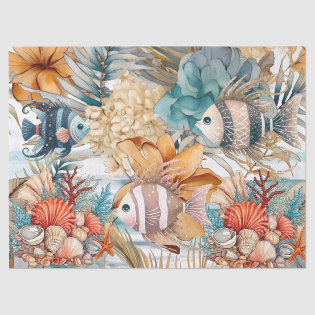 Whimsical Vintage Ocean Floral & Fish Tissue Paper (Front)