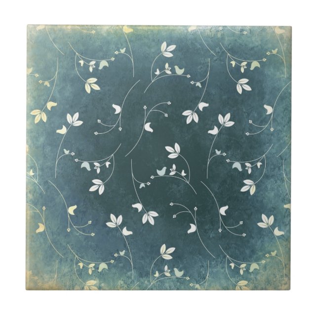 Whimsical Vintage Pattern with Birds and Leaves Tile (Front)