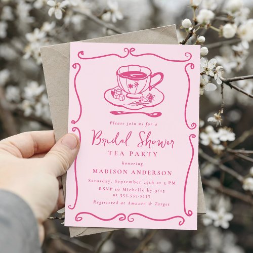 Whimsical Vintage Pink Bridal Shower Tea Party Invitation