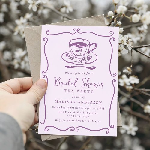 Whimsical Vintage Purple Bridal Shower Tea Party Invitation