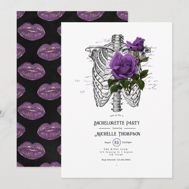 Whimsical Vintage Purple Roses Gothic Bachelorette Invitation (Front/Back)