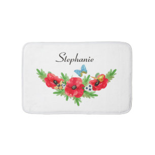 Whimsical Vintage Red Poppy Watercolor With Name Bath Mat