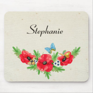 Whimsical Vintage Red Poppy Watercolor With Name Mouse Pad