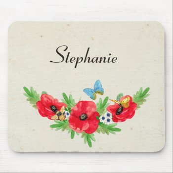 Whimsical Vintage Red Poppy Watercolor With Name Mouse Pad by ohsogirly at Zazzle