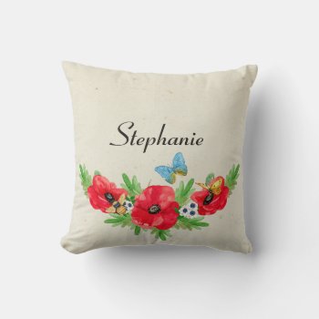Whimsical Vintage Red Poppy Watercolor With Name Throw Pillow by ohsogirly at Zazzle