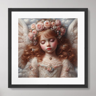Whimsical vintage sleeping angel with blush roses framed art