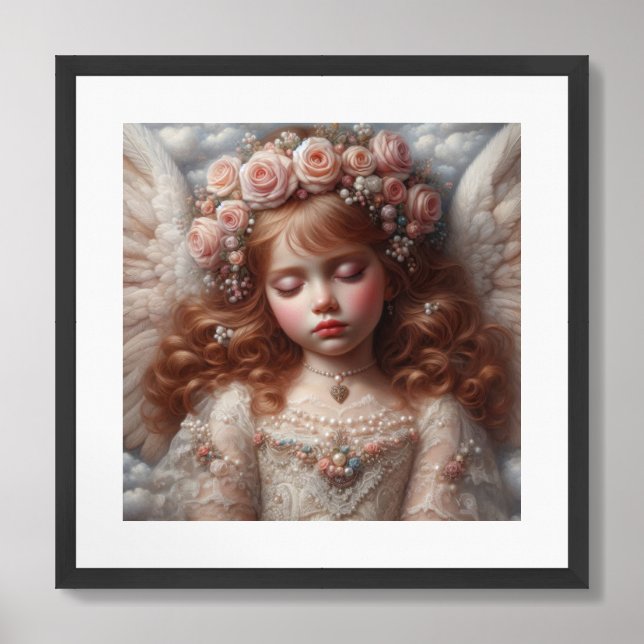 Whimsical vintage sleeping angel with blush roses framed art (Framed Front)