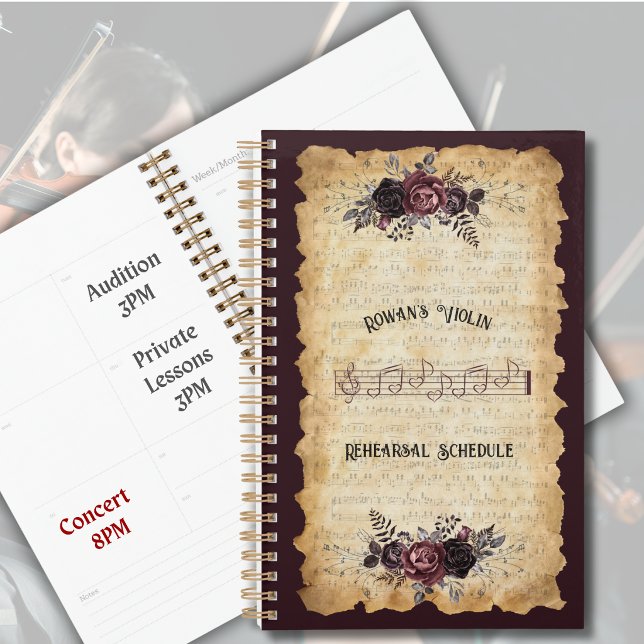Whimsical Vintage Violin Rehearsal Schedule Log Planner (Custom antique parchment violin music planners. Perfect back to school gift for violinists.)