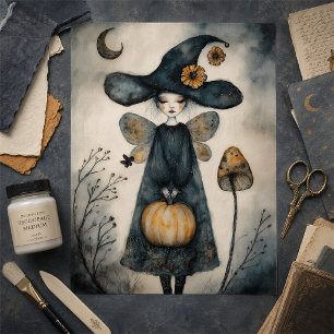 Whimsical Vintage Witch and Sunflowers Decoupage Tissue Paper