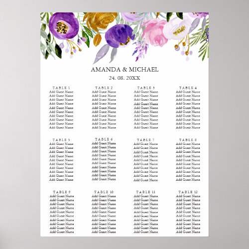 Whimsical Violet  Gold Wedding Seating Chart