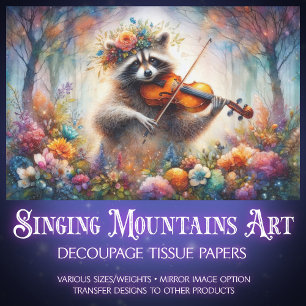 Whimsical Violinist Raccoon Wildflowers Decoupage Tissue Paper