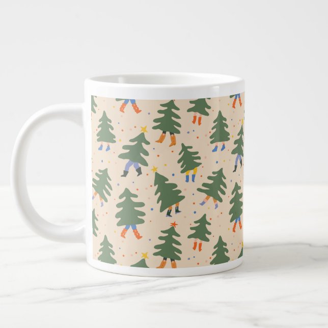 Whimsical Walking Christmas Trees Pattern Giant Coffee Mug (Left)