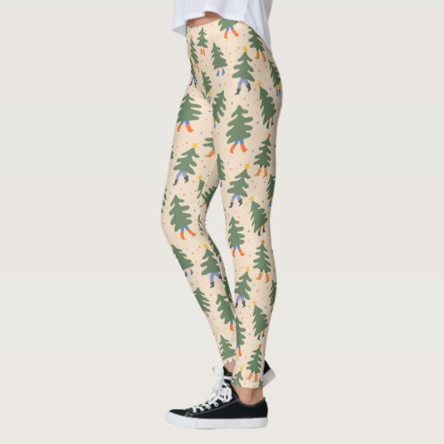 Whimsical Walking Christmas Trees Pattern Leggings