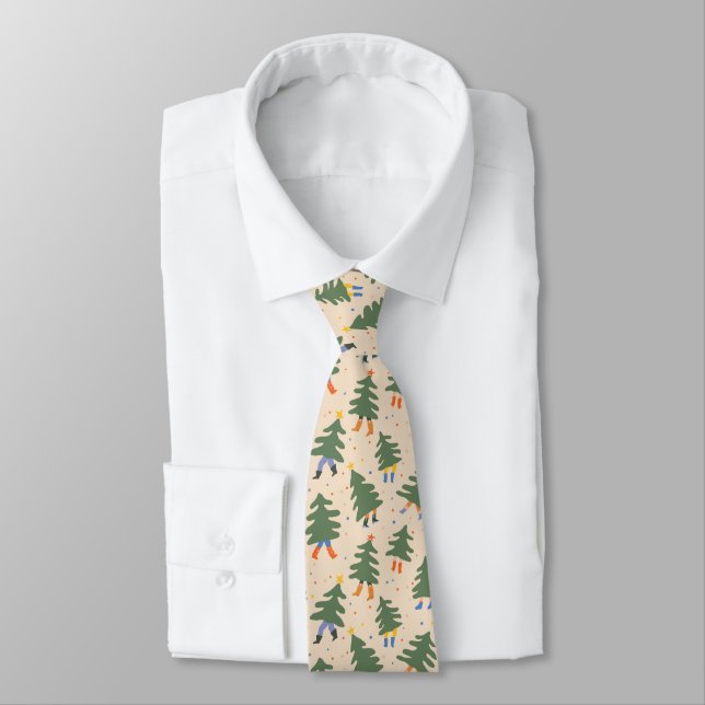 Whimsical Walking Christmas Trees Pattern Neck Tie (Tied)