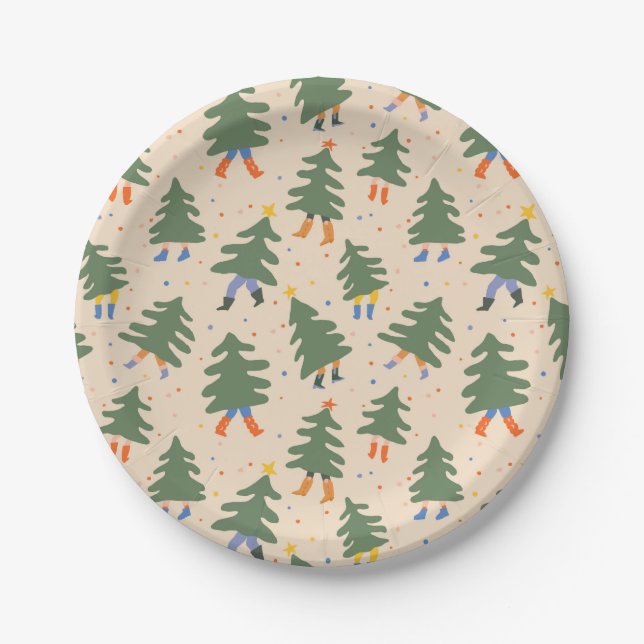 Whimsical Walking Christmas Trees Pattern Paper Plates (Front)