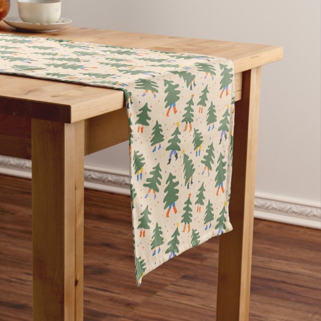 Whimsical Walking Christmas Trees Pattern Short Table Runner (In Situ)