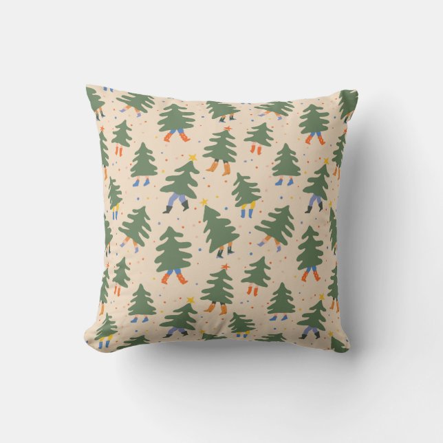 Whimsical Walking Christmas Trees Pattern Throw Pillow (Front)