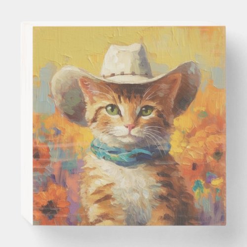 Whimsical Wanderer Cat in Cowboy Hat Wood Art Wooden Box Sign