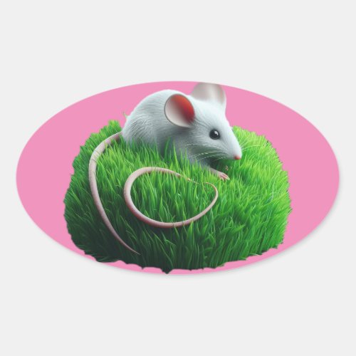 Whimsical Wanderer Mouse on Green Grass Design S Oval Sticker