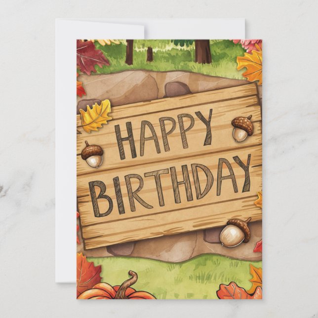 Whimsical Warm Forest Autumn Fall Happy Birthday Card (Front)