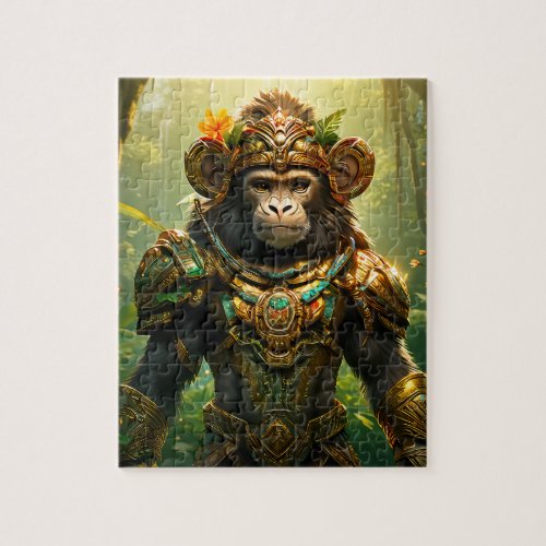 Whimsical Warrior Monkey in lush green jungle Jigsaw Puzzle