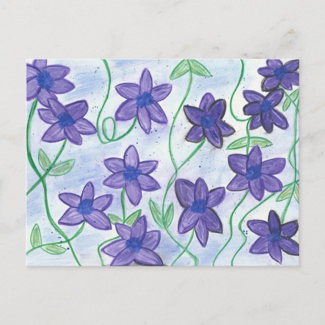 Whimsical Water-Color Violet-Lilies River PostCard (Front)
