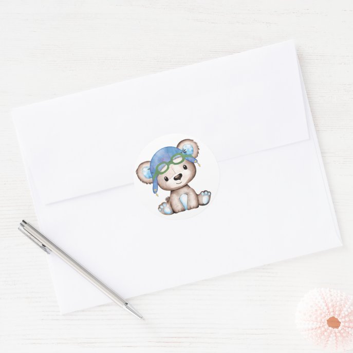 Whimsical Watercolor Airplane Pilot Teddy Bear env Classic Round Sticker