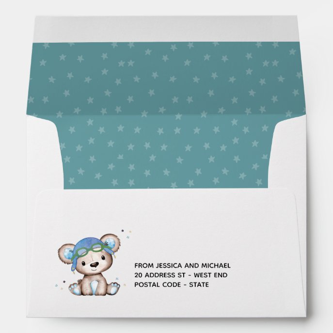 Whimsical Watercolor Airplane Pilot Teddy Bear Envelope