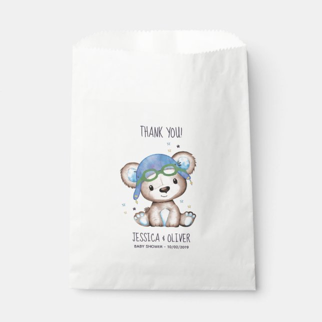 Whimsical Watercolor Airplane Pilot Teddy Bear Favor Bag (Front)