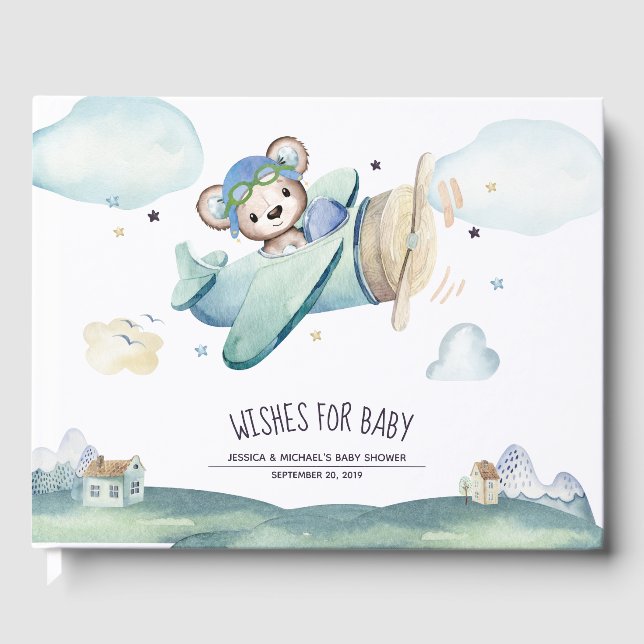 Whimsical Watercolor Airplane Pilot Teddy Bear Guest Book (Front)