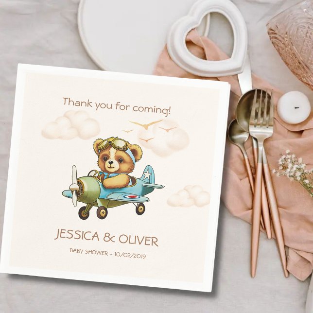 Whimsical Watercolor Airplane Pilot Teddy Bear  Napkins (Creator Uploaded)