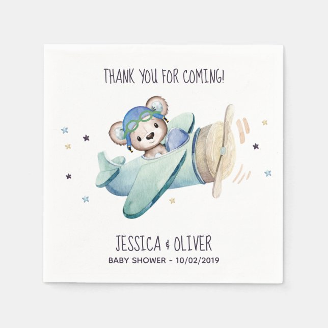 Whimsical Watercolor Airplane Pilot Teddy Bear Napkins (Front)
