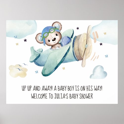 Whimsical Watercolor Airplane Pilot Teddy Bear Poster