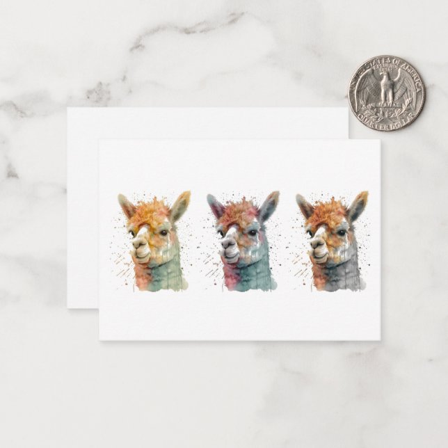 Whimsical Watercolor Alpacas Note Card (Front/Back In Situ)