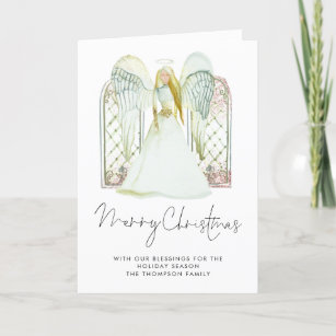 Whimsical Watercolor Angel Merry Christmas Script Holiday Card